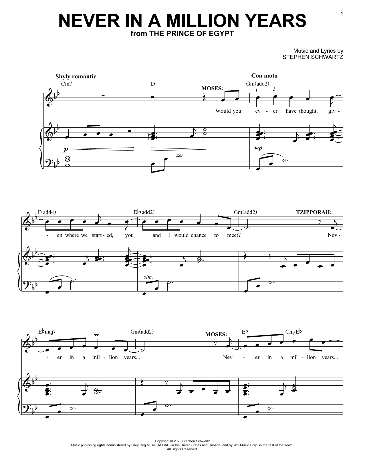 Stephen Schwartz Never In A Million Years (from The Prince Of Egypt: A New Musical) Sheet Music Notes & Chords for Piano & Vocal - Download or Print PDF