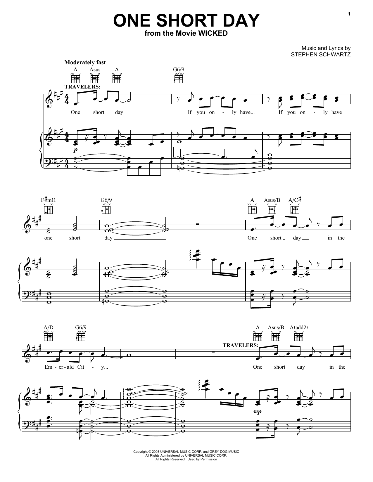 Stephen Schwartz One Short Day (from Wicked) (2024) Sheet Music Notes & Chords for Piano, Vocal & Guitar Chords (Right-Hand Melody) - Download or Print PDF