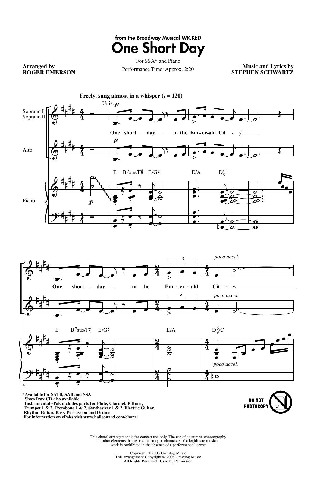 Stephen Schwartz One Short Day (from Wicked) (arr. Roger Emerson) Sheet Music Notes & Chords for SSA Choir - Download or Print PDF