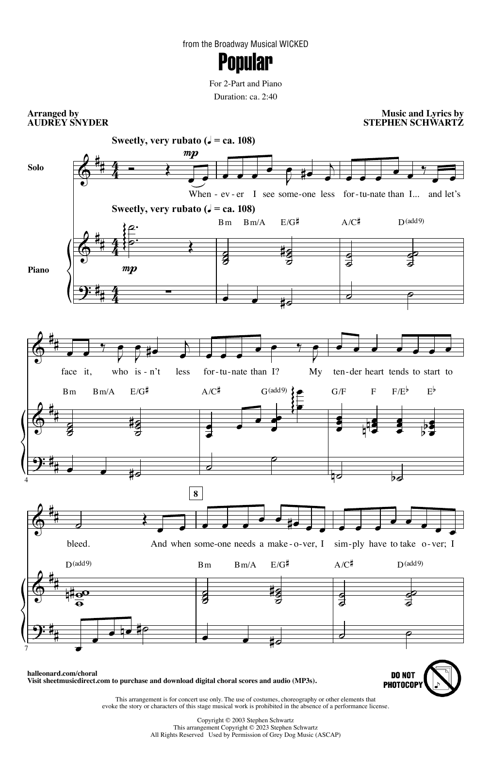 Stephen Schwartz Popular (from Wicked) (arr. Audrey Snyder) Sheet Music Notes & Chords for 2-Part Choir - Download or Print PDF