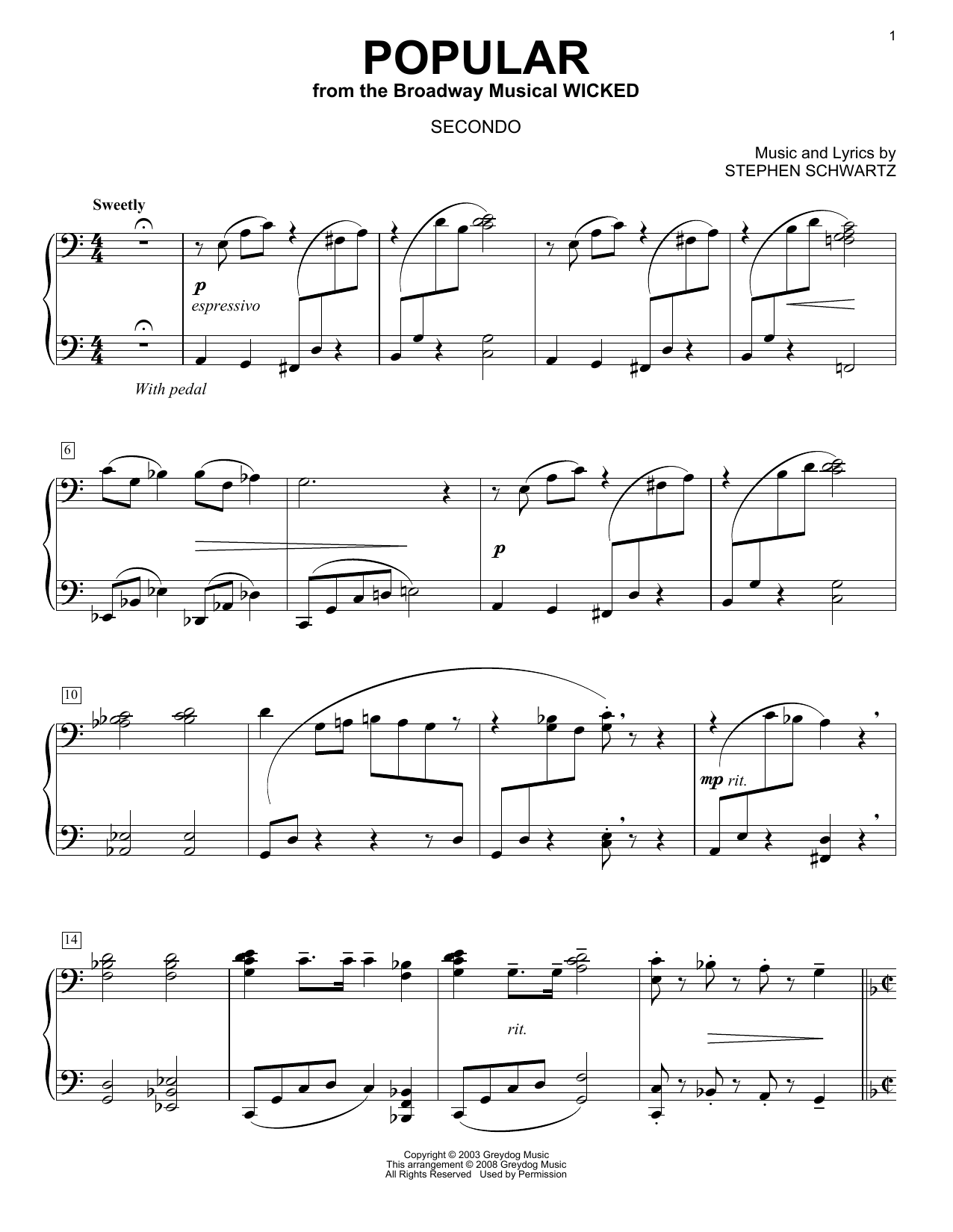 Stephen Schwartz Popular (from Wicked) (arr. Carol Klose) Sheet Music Notes & Chords for Piano Duet - Download or Print PDF