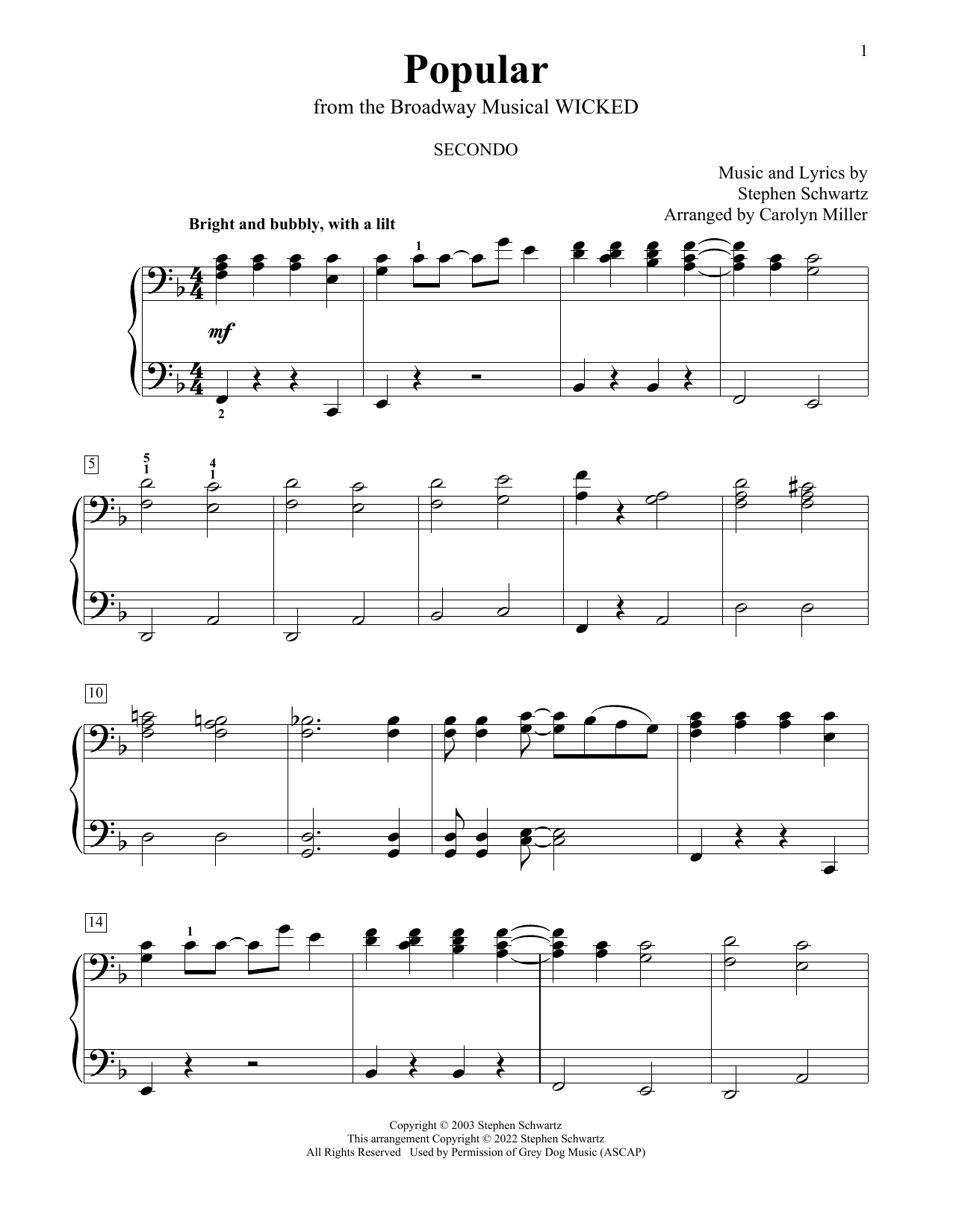 Stephen Schwartz Popular (from Wicked) (arr. Carolyn Miller) Sheet Music Notes & Chords for Piano Duet - Download or Print PDF