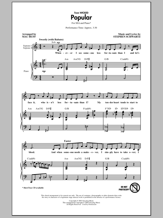 Stephen Schwartz Popular (from Wicked) (arr. Mac Huff) Sheet Music Notes & Chords for SSA - Download or Print PDF