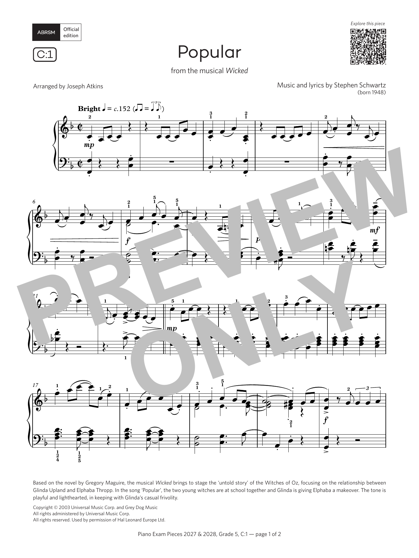 Stephen Schwartz Popular (Grade 5, list C1, from the ABRSM Piano Syllabus 2027 & 2028) Sheet Music Notes & Chords for Piano Solo - Download or Print PDF