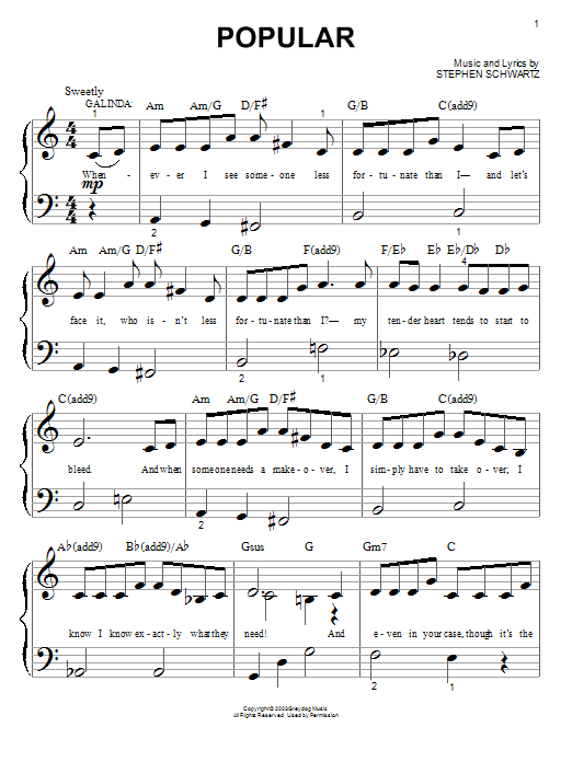 Stephen Schwartz Popular (from Wicked) Sheet Music Notes & Chords for Piano (Big Notes) - Download or Print PDF