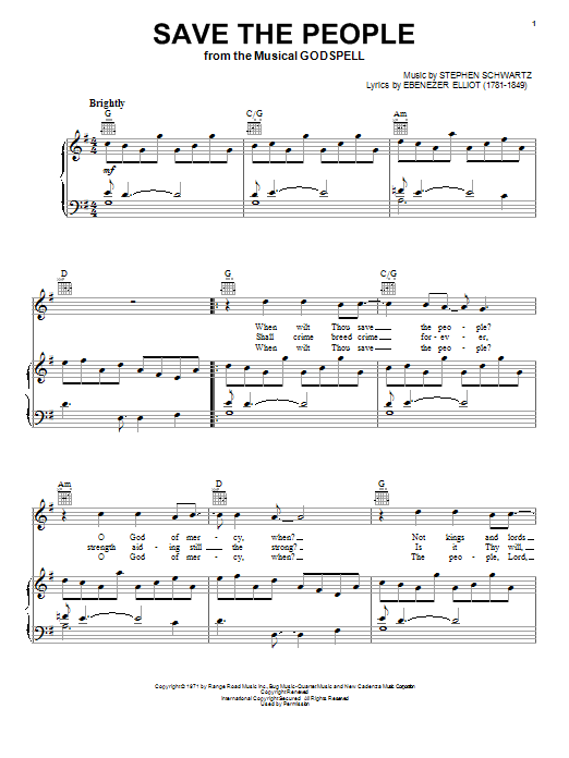 Stephen Schwartz Save The People Sheet Music Notes & Chords for Piano, Vocal & Guitar (Right-Hand Melody) - Download or Print PDF