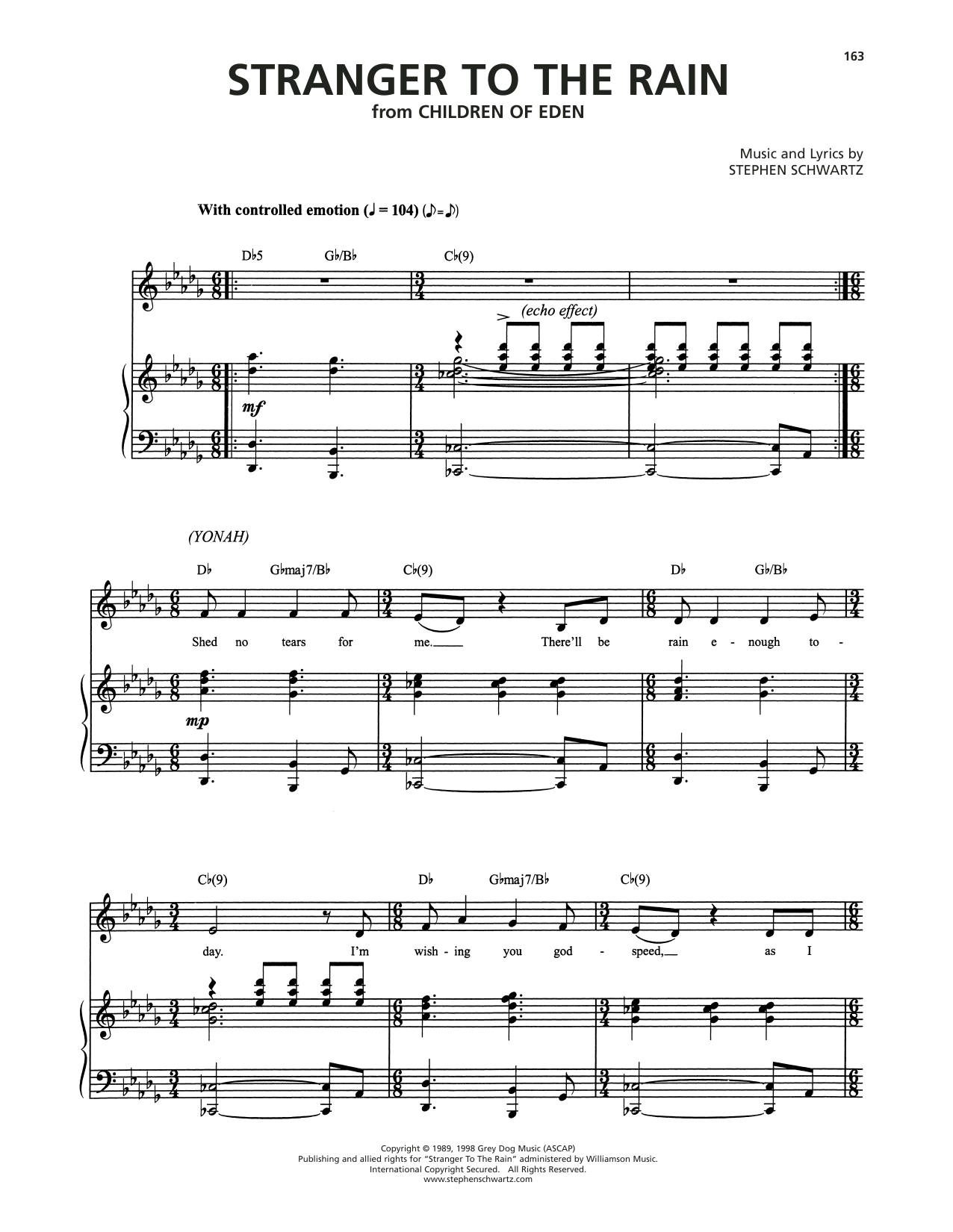 Stephen Schwartz Stranger To The Rain (from Children Of Eden) Sheet Music Notes & Chords for Piano & Vocal - Download or Print PDF
