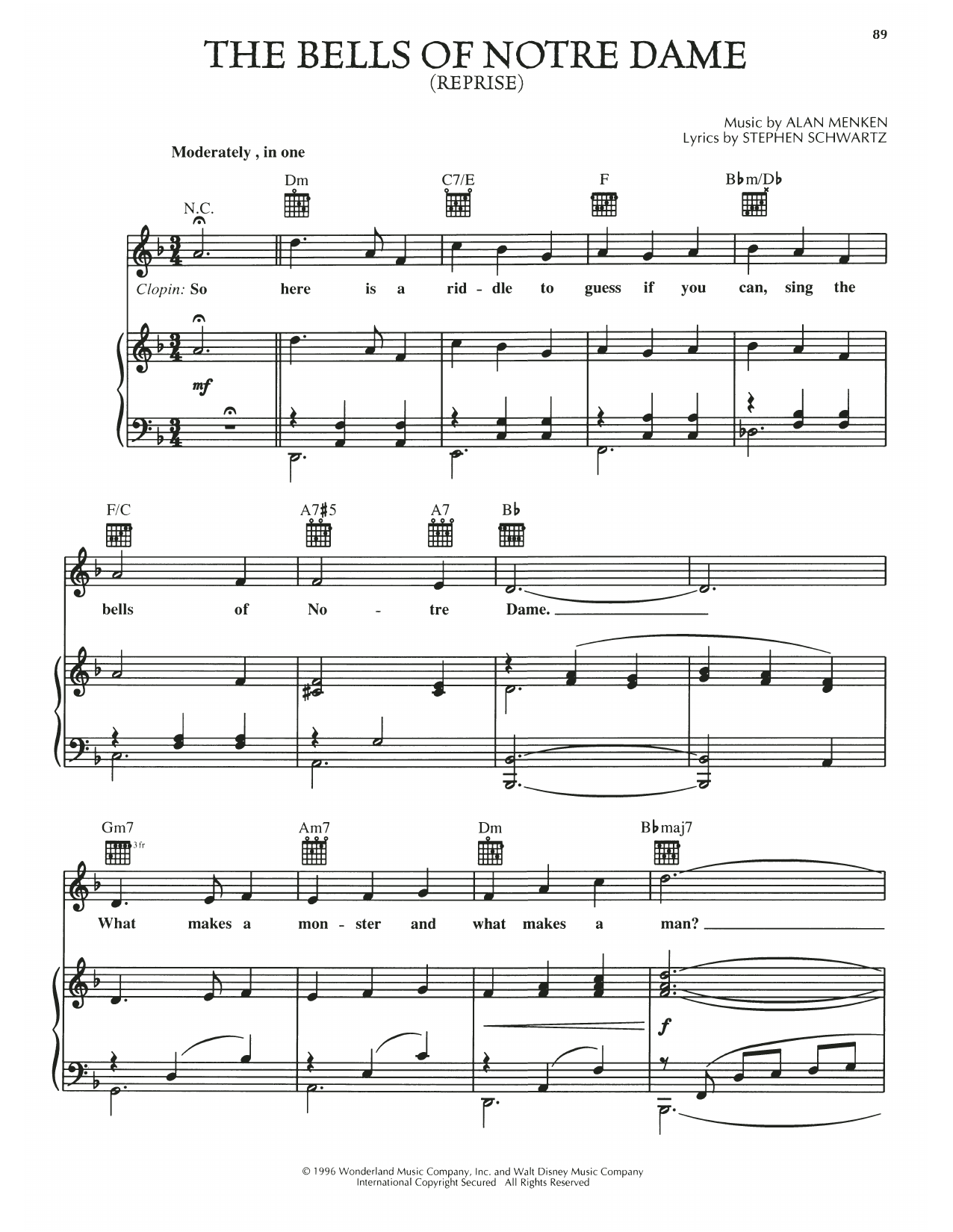 Stephen Schwartz The Bells Of Notre Dame (Reprise) (from The Hunchback Of Notre Dame) Sheet Music Notes & Chords for Piano, Vocal & Guitar Chords (Right-Hand Melody) - Download or Print PDF