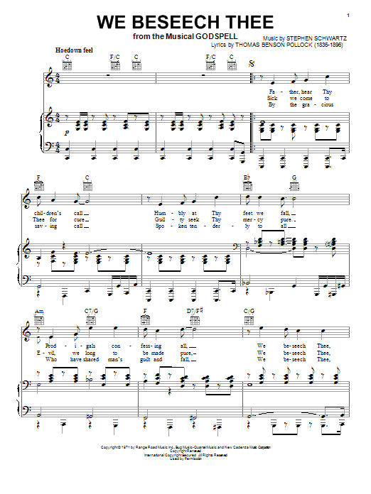 Stephen Schwartz We Beseech Thee Sheet Music Notes & Chords for Piano, Vocal & Guitar (Right-Hand Melody) - Download or Print PDF