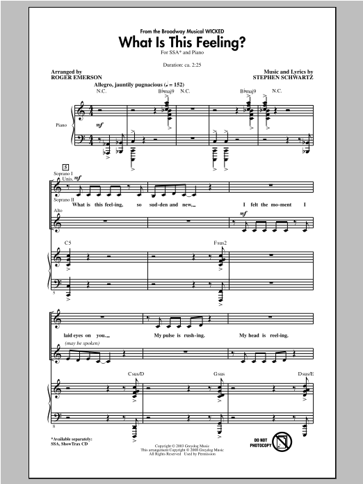 Stephen Schwartz What Is This Feeling? (from Wicked) (arr. Roger Emerson) Sheet Music Notes & Chords for SSA - Download or Print PDF