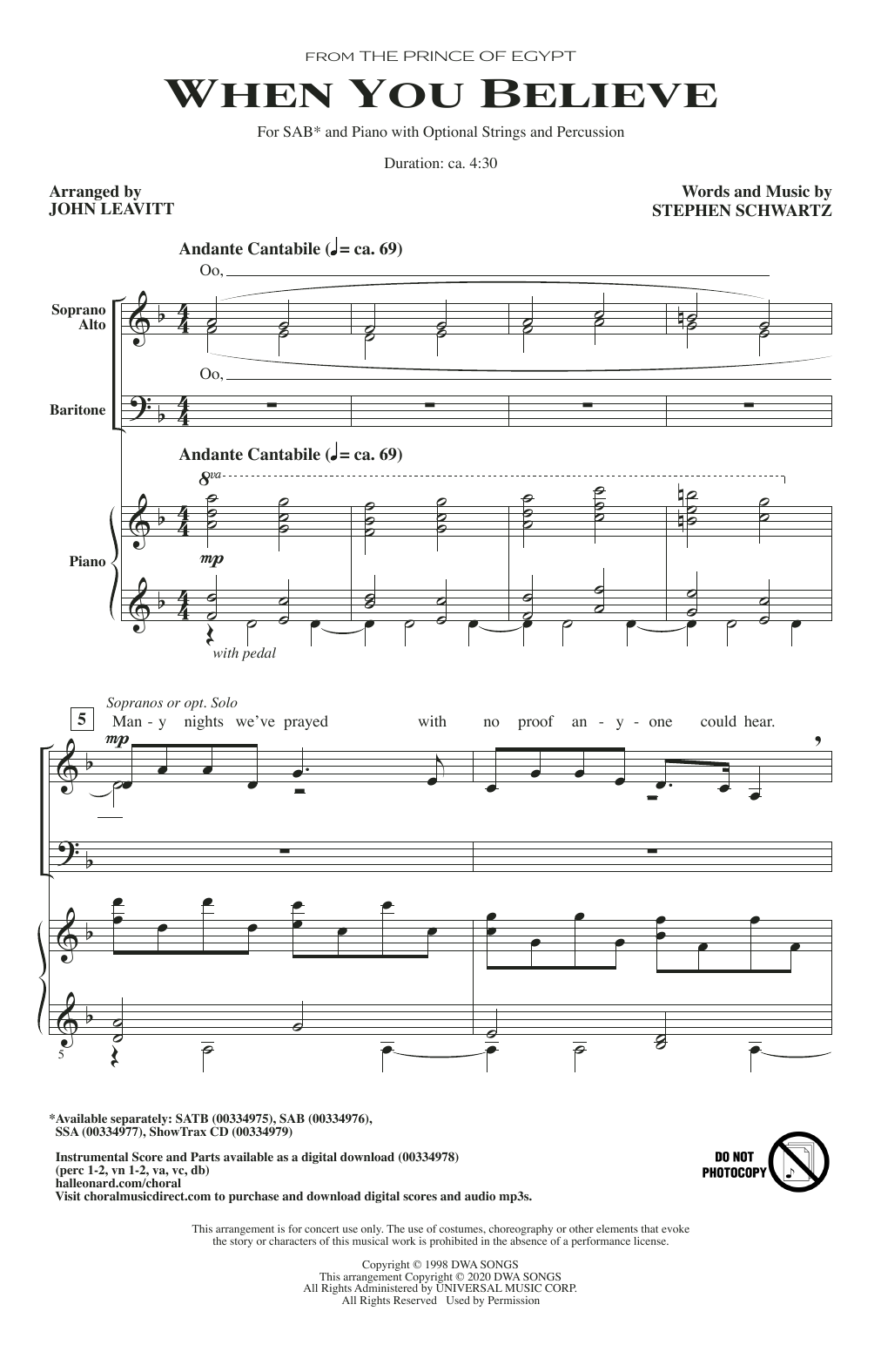 Stephen Schwartz When You Believe (from The Prince Of Egypt) (arr. John Leavitt) Sheet Music Notes & Chords for SSA Choir - Download or Print PDF