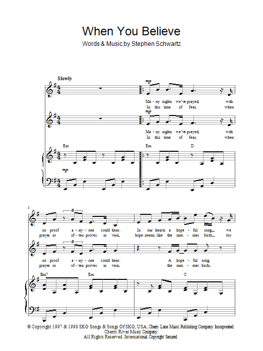 Stephen Schwartz When You Believe Sheet Music Notes & Chords for 2-Part Choir - Download or Print PDF