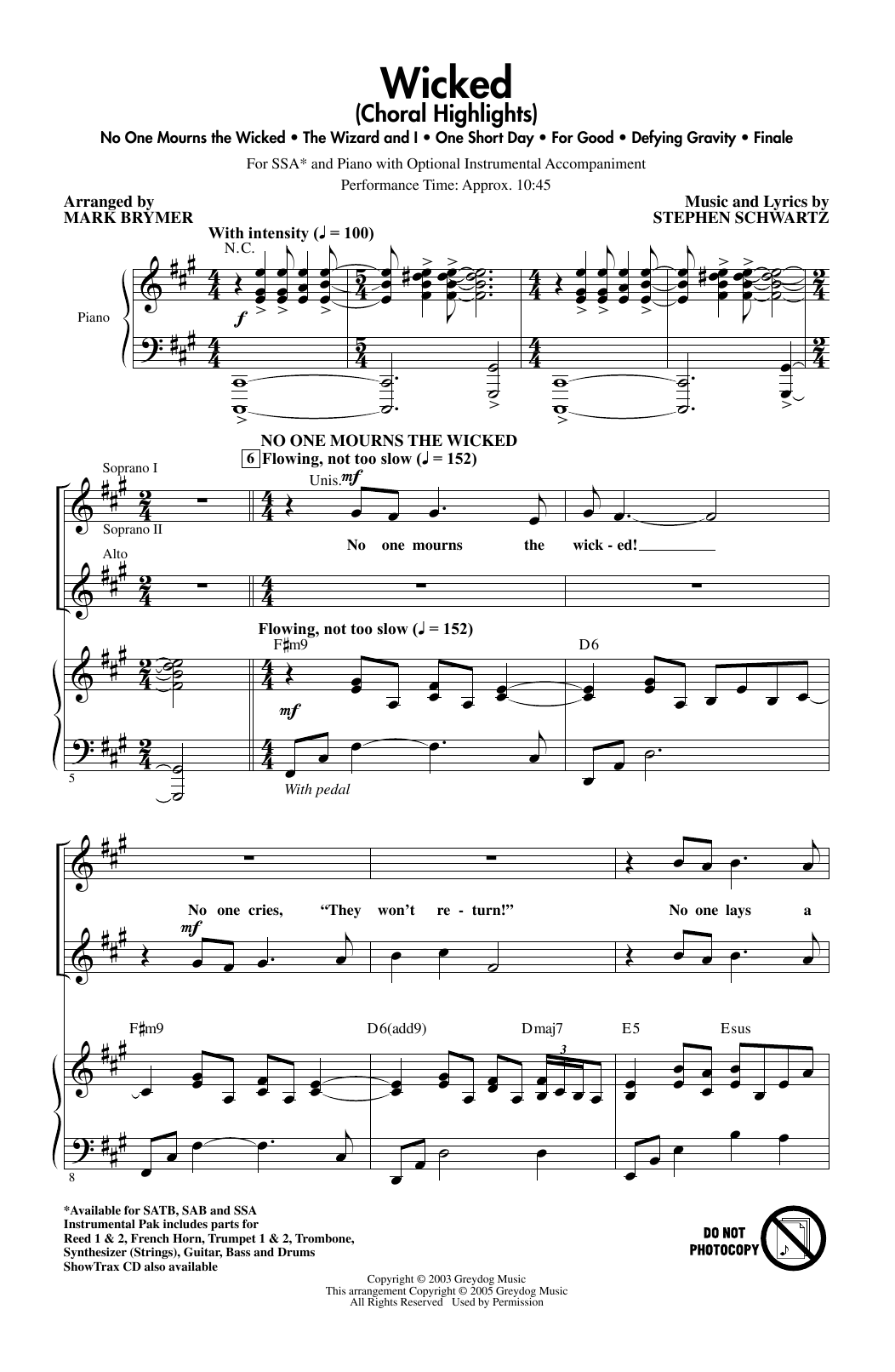 Stephen Schwartz Wicked (Choral Highlights) (arr. Mark Brymer) Sheet Music Notes & Chords for SSA Choir - Download or Print PDF