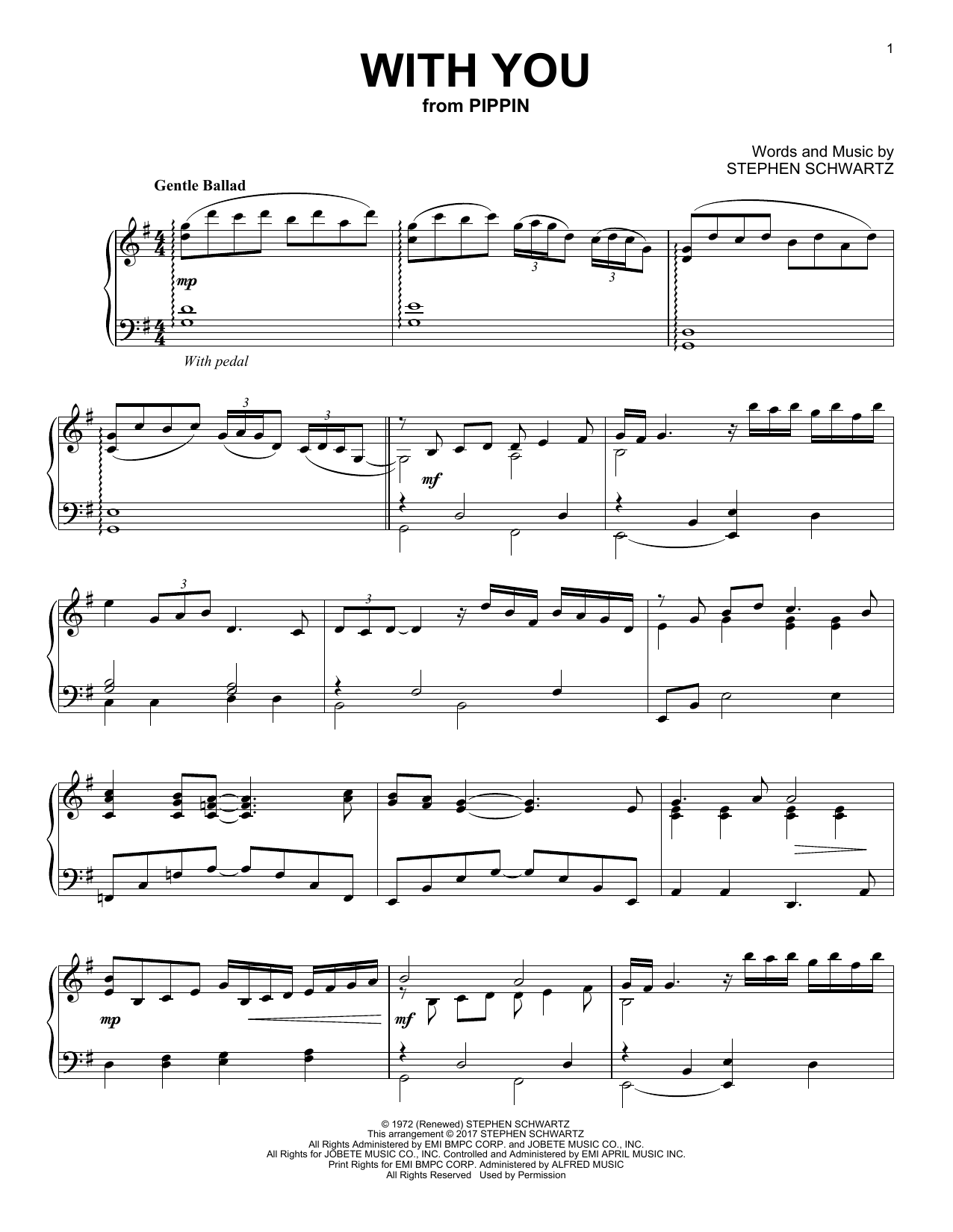 Stephen Schwartz With You (from Pippin) Sheet Music Notes & Chords for Very Easy Piano - Download or Print PDF