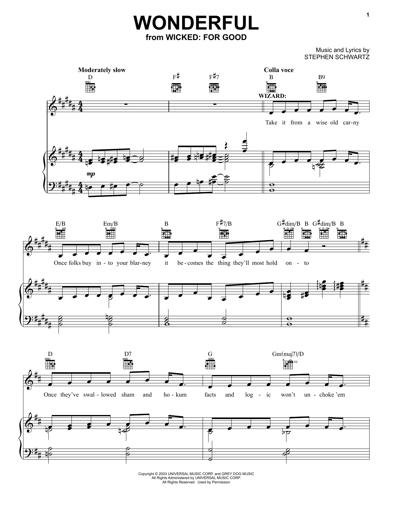 Stephen Schwartz Wonderful (from Wicked: For Good) Sheet Music Notes & Chords for Piano, Vocal & Guitar Chords (Right-Hand Melody) - Download or Print PDF