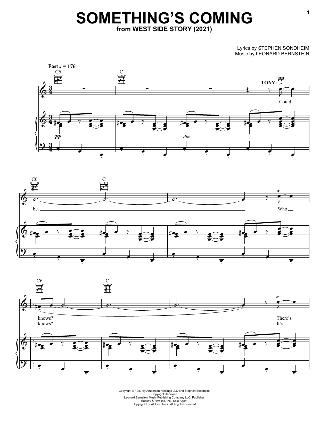 Stephen Sondheim & Leonard Bernstein Something's Coming (from West Side Story 2021) Sheet Music Notes & Chords for Piano, Vocal & Guitar Chords (Right-Hand Melody) - Download or Print PDF