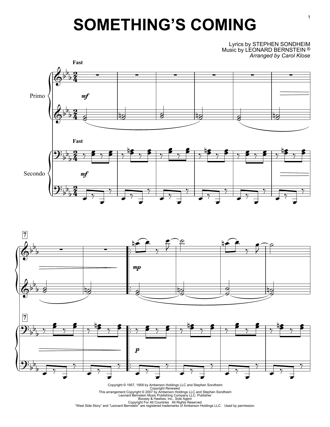 Stephen Sondheim & Leonard Bernstein Something's Coming (from West Side Story) (arr. Carol Klose) Sheet Music Notes & Chords for Piano Solo - Download or Print PDF