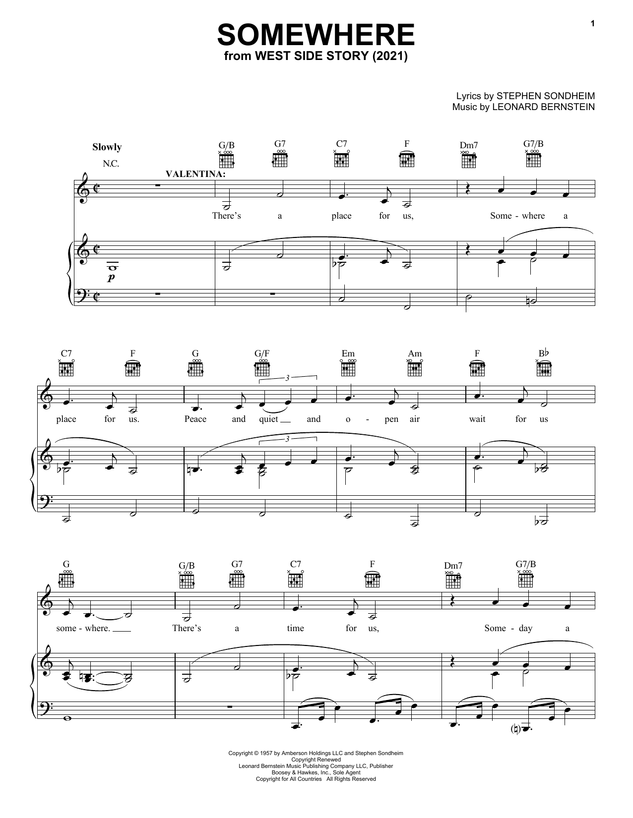 Stephen Sondheim & Leonard Bernstein Somewhere (from West Side Story 2021) Sheet Music Notes & Chords for Piano, Vocal & Guitar Chords (Right-Hand Melody) - Download or Print PDF