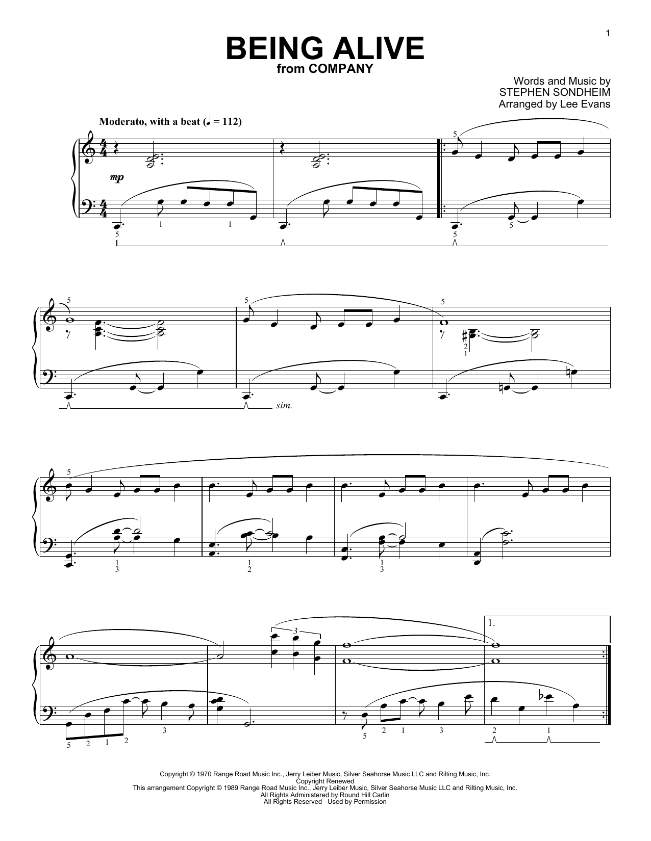 Stephen Sondheim Being Alive (from Company) (arr. Lee Evans) Sheet Music Notes & Chords for Piano Solo - Download or Print PDF