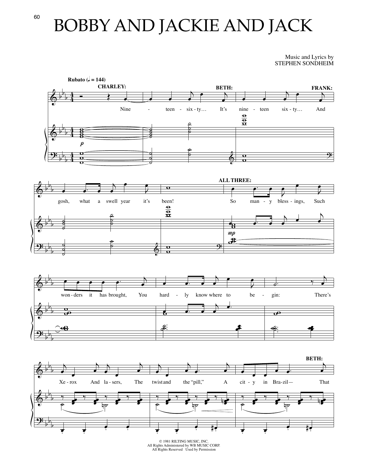 Stephen Sondheim Bobby And Jackie And Jack (from Merrily We Roll Along) Sheet Music Notes & Chords for Piano & Vocal - Download or Print PDF