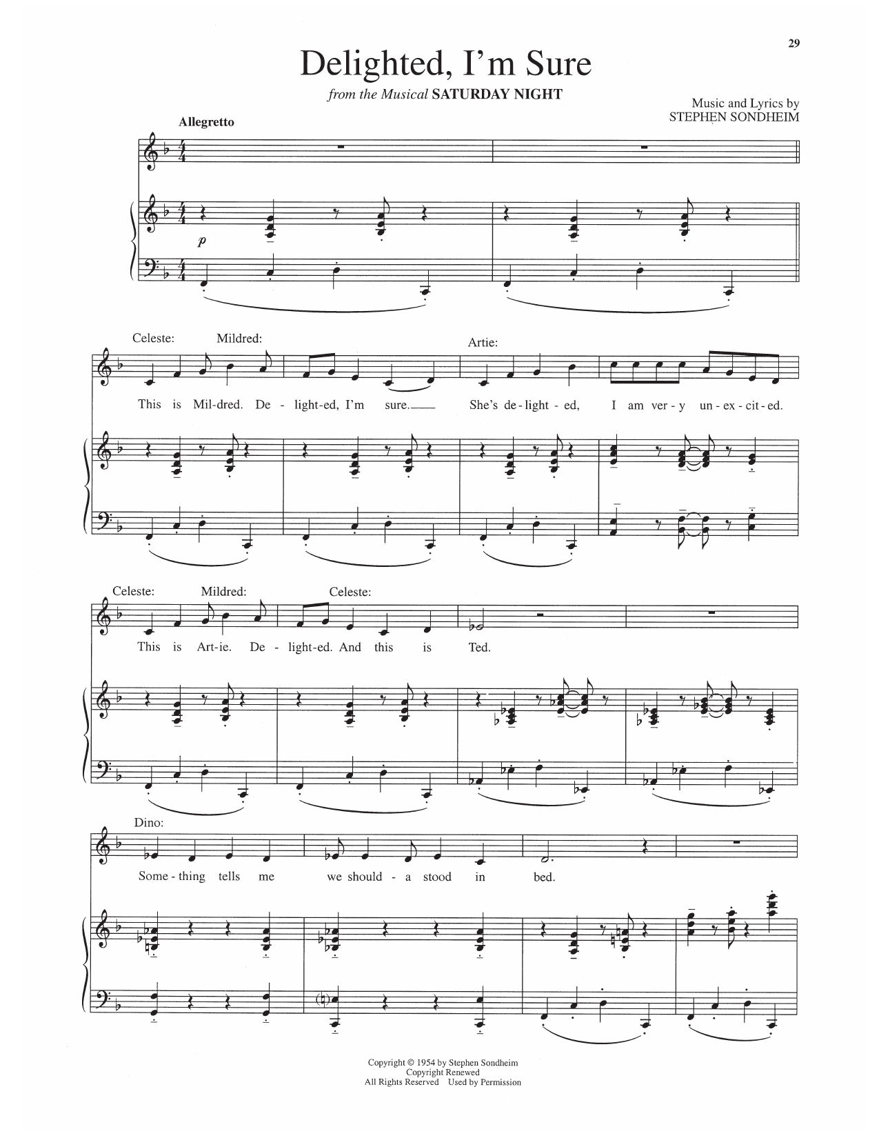 Stephen Sondheim Delighted, I'm Sure (from Saturday Night) Sheet Music Notes & Chords for Piano & Vocal - Download or Print PDF