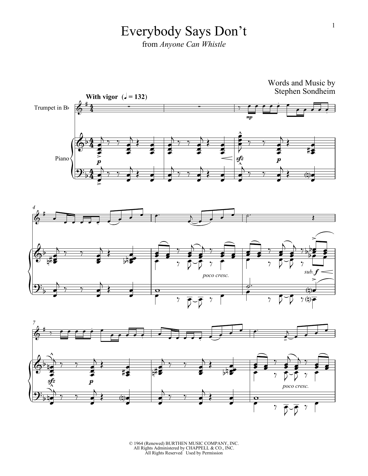 Stephen Sondheim Everybody Says Don't (from Anyone Can Whistle) Sheet Music Notes & Chords for Trumpet and Piano - Download or Print PDF