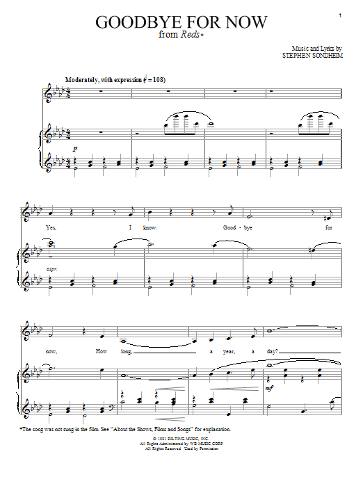 Stephen Sondheim Goodbye For Now Sheet Music Notes & Chords for Piano & Vocal - Download or Print PDF