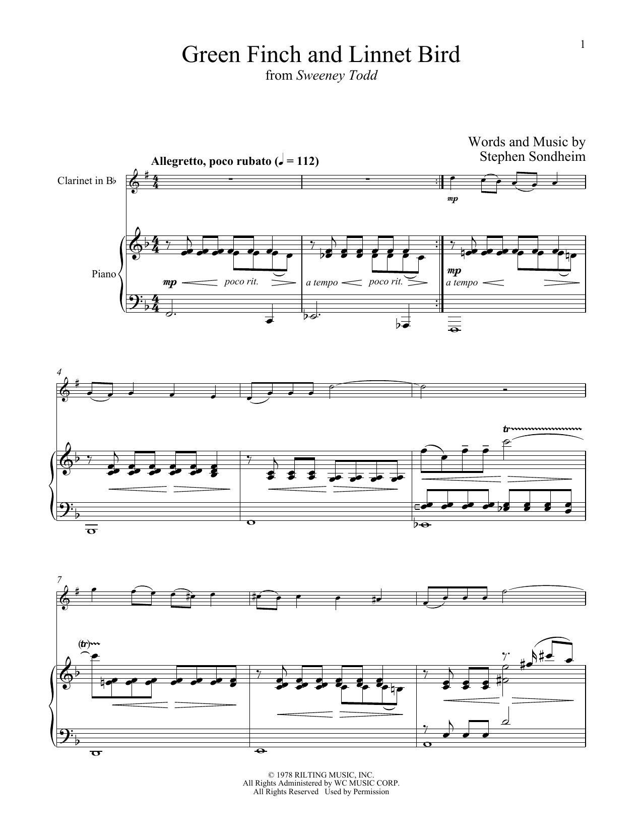 Stephen Sondheim Green Finch And Linnet Bird (from Sweeney Todd) Sheet Music Notes & Chords for Clarinet and Piano - Download or Print PDF