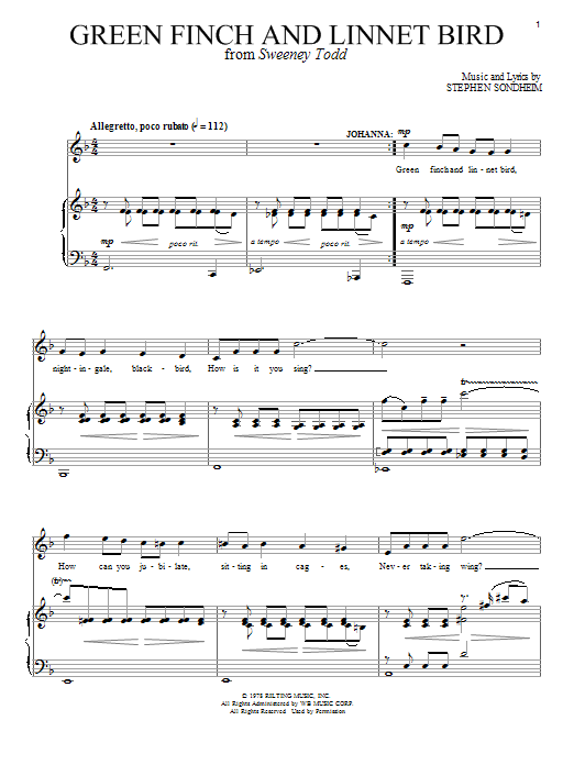 Stephen Sondheim Green Finch And Linnet Bird Sheet Music Notes & Chords for Piano, Vocal & Guitar (Right-Hand Melody) - Download or Print PDF