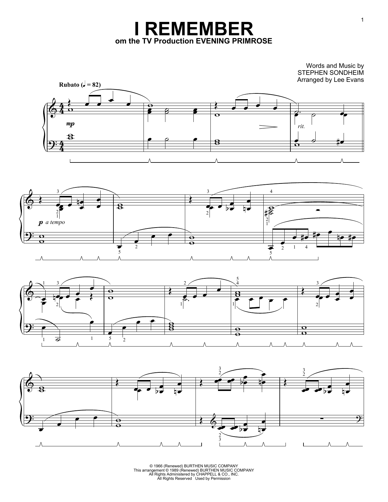 Stephen Sondheim I Remember (from Evening Primrose) (arr. Lee Evans) Sheet Music Notes & Chords for Piano Solo - Download or Print PDF Stephen Sondheim I Remember (from Evening Primrose) (arr. Lee Evans) Sheet Music Notes & Chords for Piano Solo - Download or Print PDF