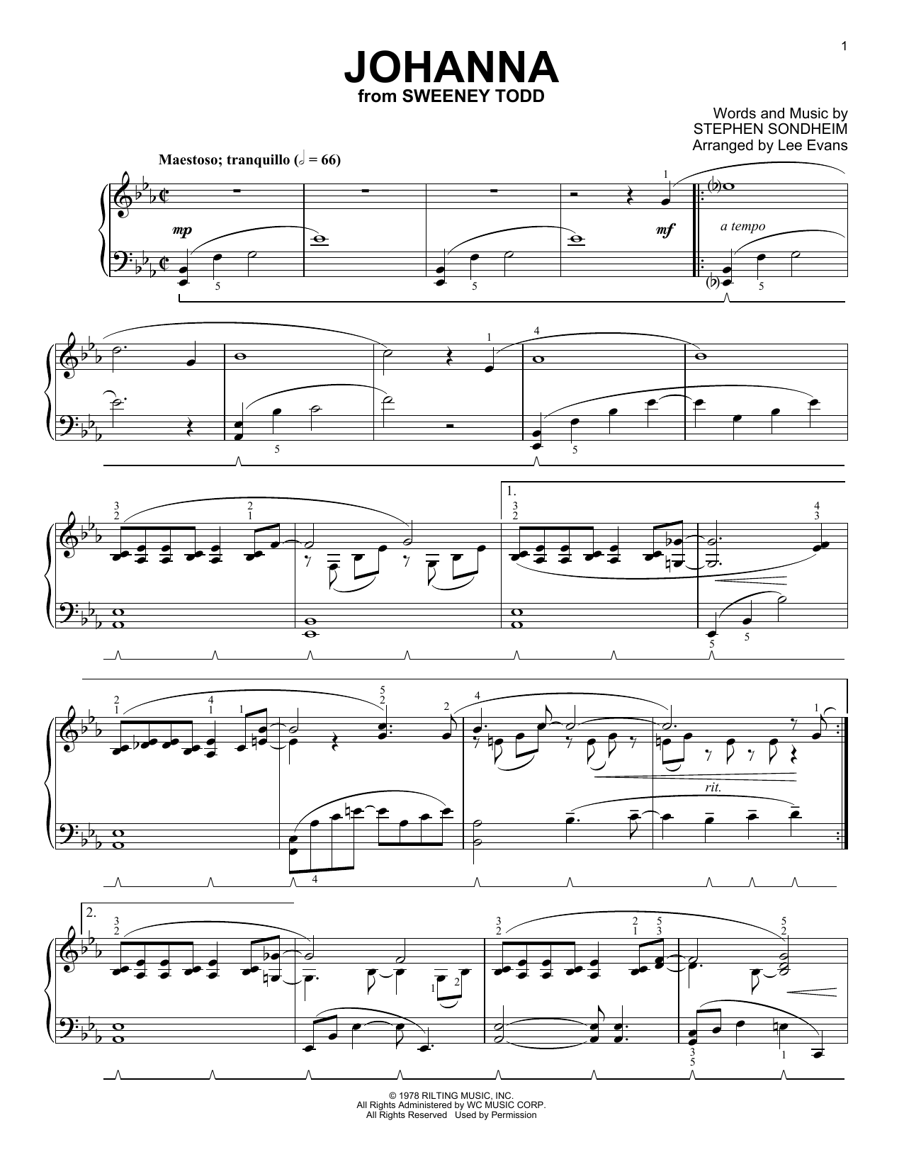 Stephen Sondheim Johanna (from Sweeney Todd) (arr. Lee Evans) Sheet Music Notes & Chords for Piano Solo - Download or Print PDF