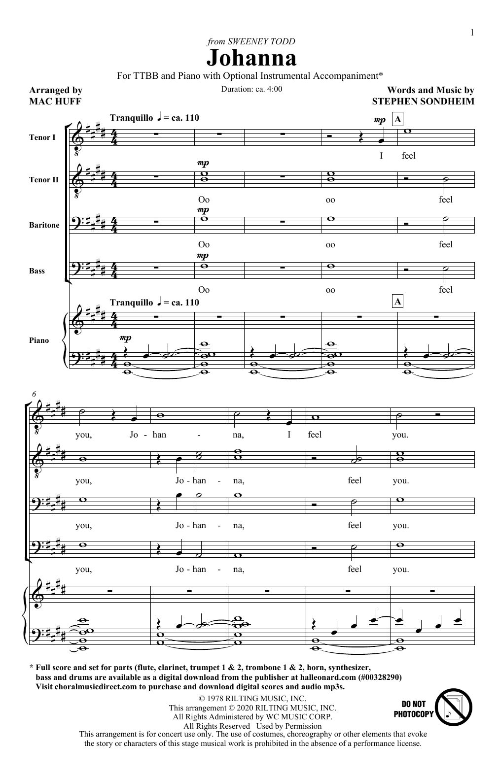 Stephen Sondheim Johanna (from Sweeney Todd) (arr. Mac Huff) Sheet Music Notes & Chords for TTBB Choir - Download or Print PDF
