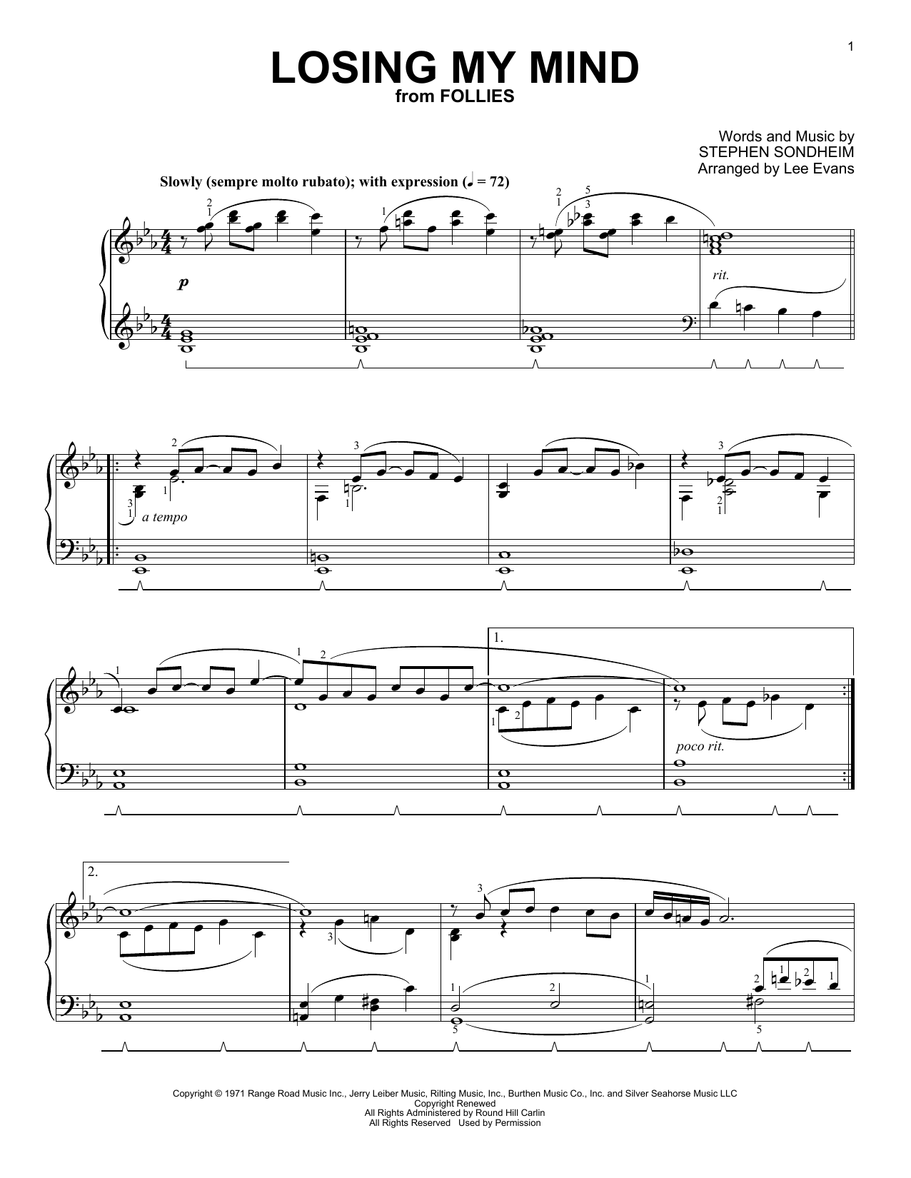 Stephen Sondheim Losing My Mind (from Follies) (arr. Lee Evans) Sheet Music Notes & Chords for Piano Solo - Download or Print PDF