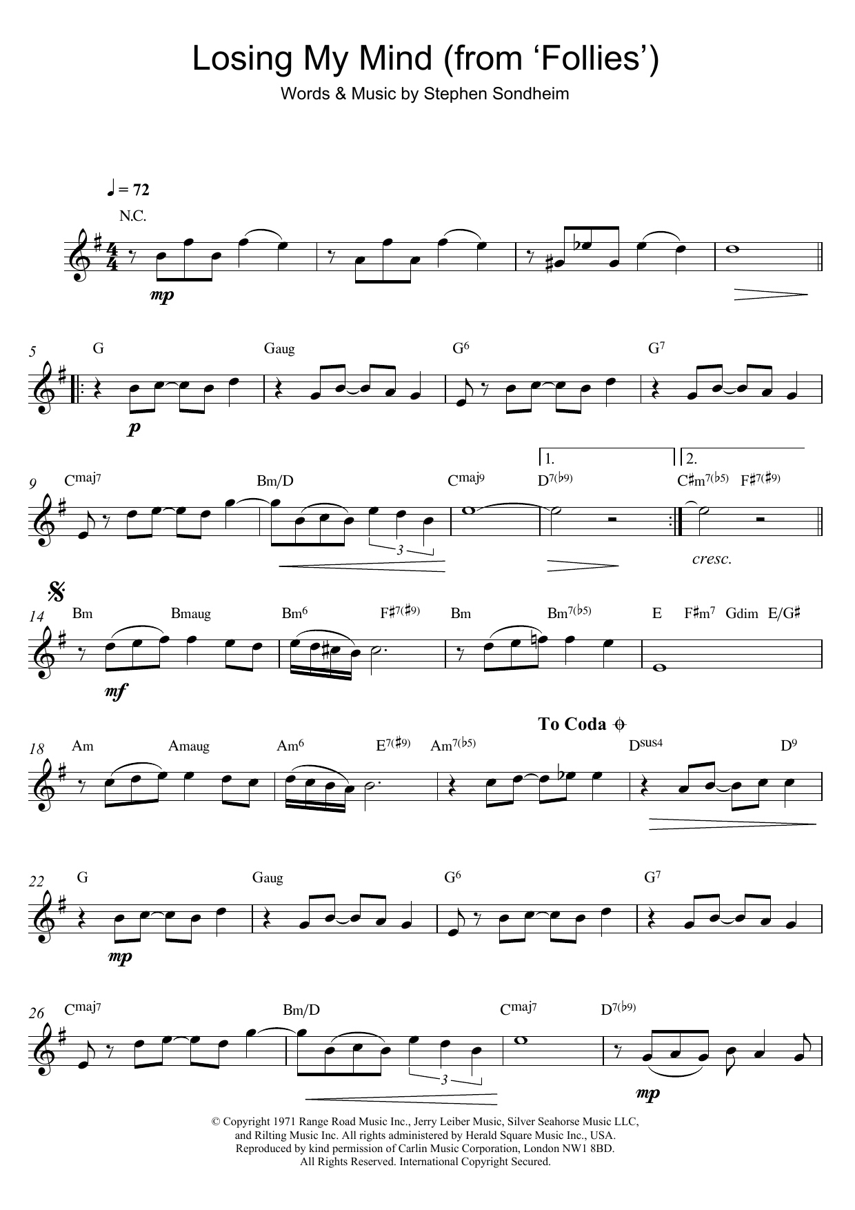 Stephen Sondheim Losing My Mind (from Follies) Sheet Music Notes & Chords for Piano Solo - Download or Print PDF