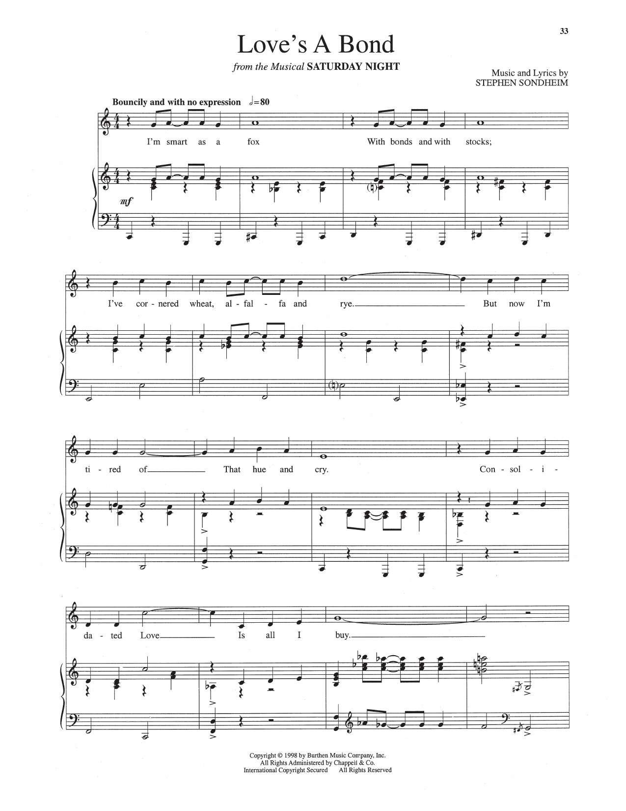 Stephen Sondheim Love's A Bond (from Saturday Night) Sheet Music Notes & Chords for Piano & Vocal - Download or Print PDF