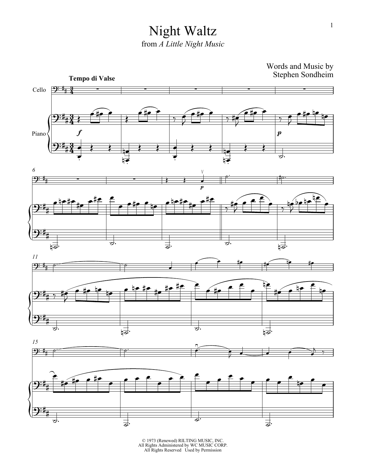 Stephen Sondheim Night Waltz (from A Little Night Music) Sheet Music Notes & Chords for Cello and Piano - Download or Print PDF