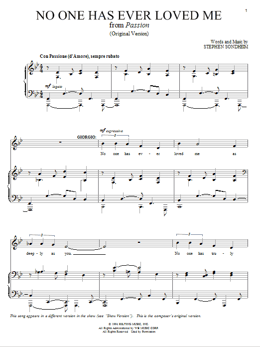 Stephen Sondheim No One Has Ever Loved Me Sheet Music Notes & Chords for Piano, Vocal & Guitar (Right-Hand Melody) - Download or Print PDF