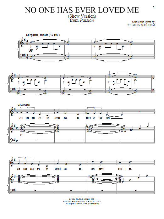 Stephen Sondheim No One Has Ever Loved Me (Show Version) Sheet Music Notes & Chords for Piano & Vocal - Download or Print PDF