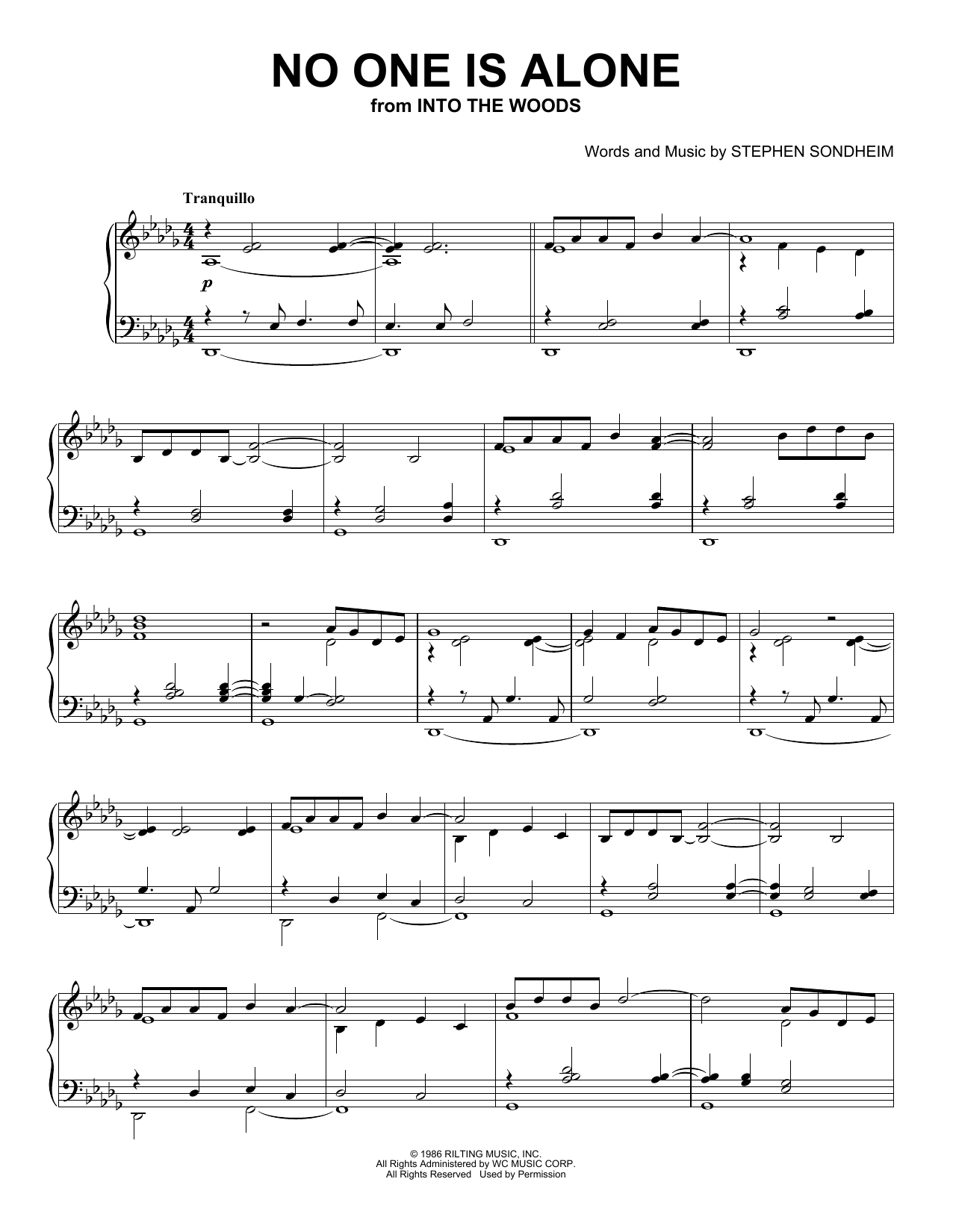 Stephen Sondheim No One Is Alone - Part I (from Into The Woods) (Peaceful Piano Solo) Sheet Music Notes & Chords for Piano Solo - Download or Print PDF Stephen Sondheim No One Is Alone - Part I (from Into The Woods) (Peaceful Piano Solo) Sheet Music Notes & Chords for Piano Solo - Download or Print PDF