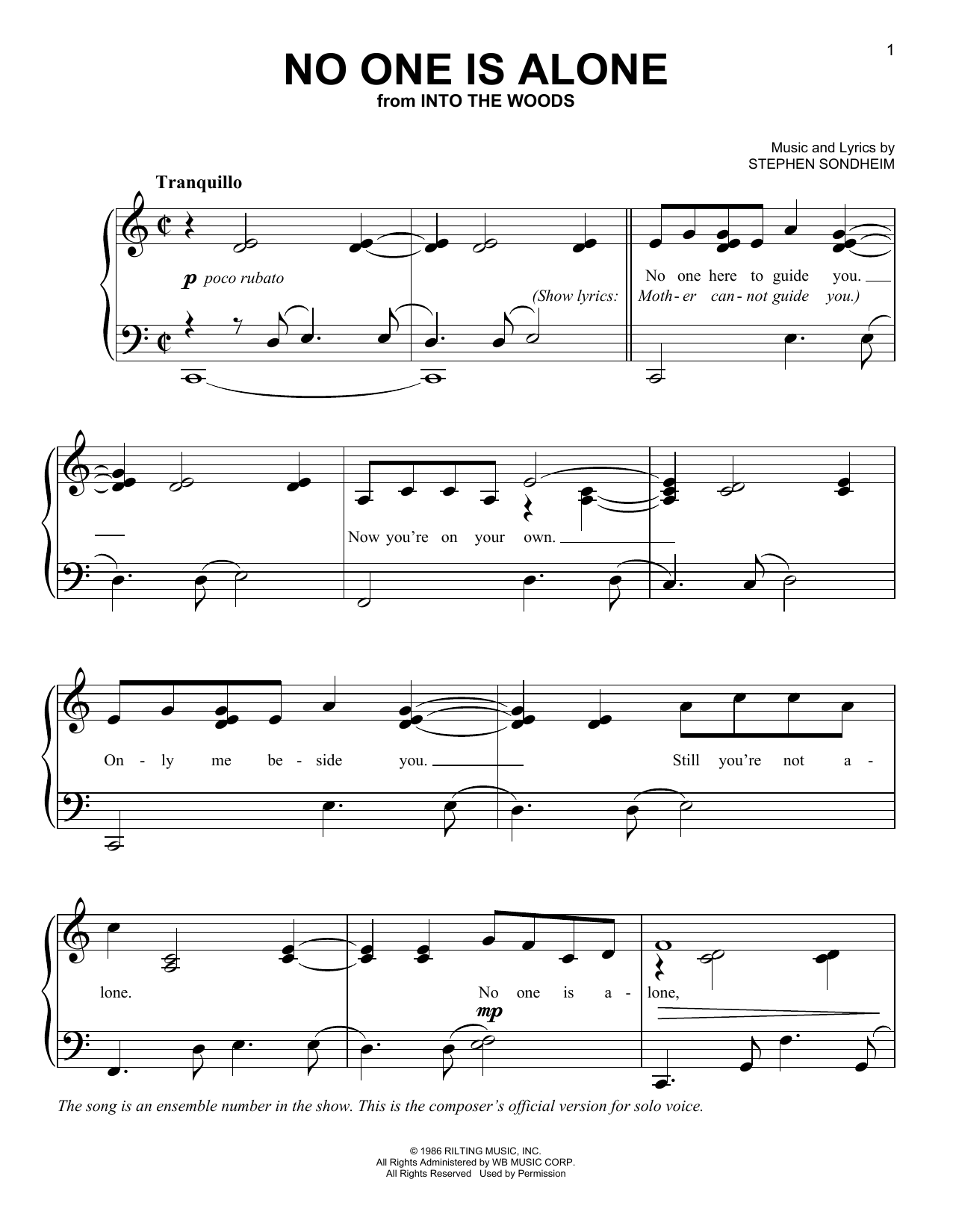 Stephen Sondheim No One Is Alone - Part I (from Into The Woods) Sheet Music Notes & Chords for Easy Piano - Download or Print PDF