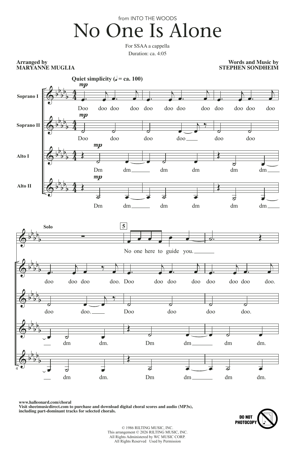 Stephen Sondheim No One Is Alone (from Into The Woods) (arr. MaryAnne Muglia) Sheet Music Notes & Chords for SSAA Choir - Download or Print PDF