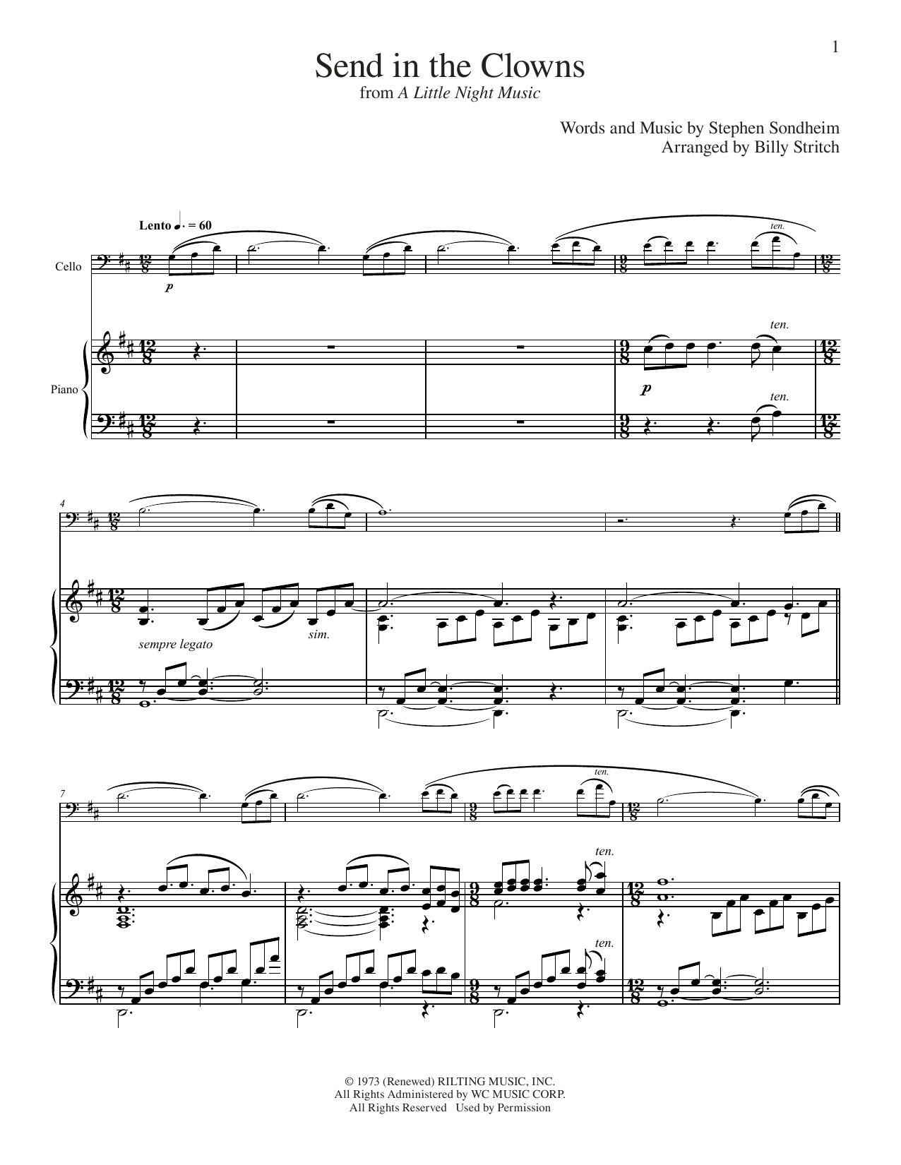 Stephen Sondheim Send In The Clowns (from A Little Night Music) (arr. Billy Stritch) Sheet Music Notes & Chords for Cello and Piano - Download or Print PDF