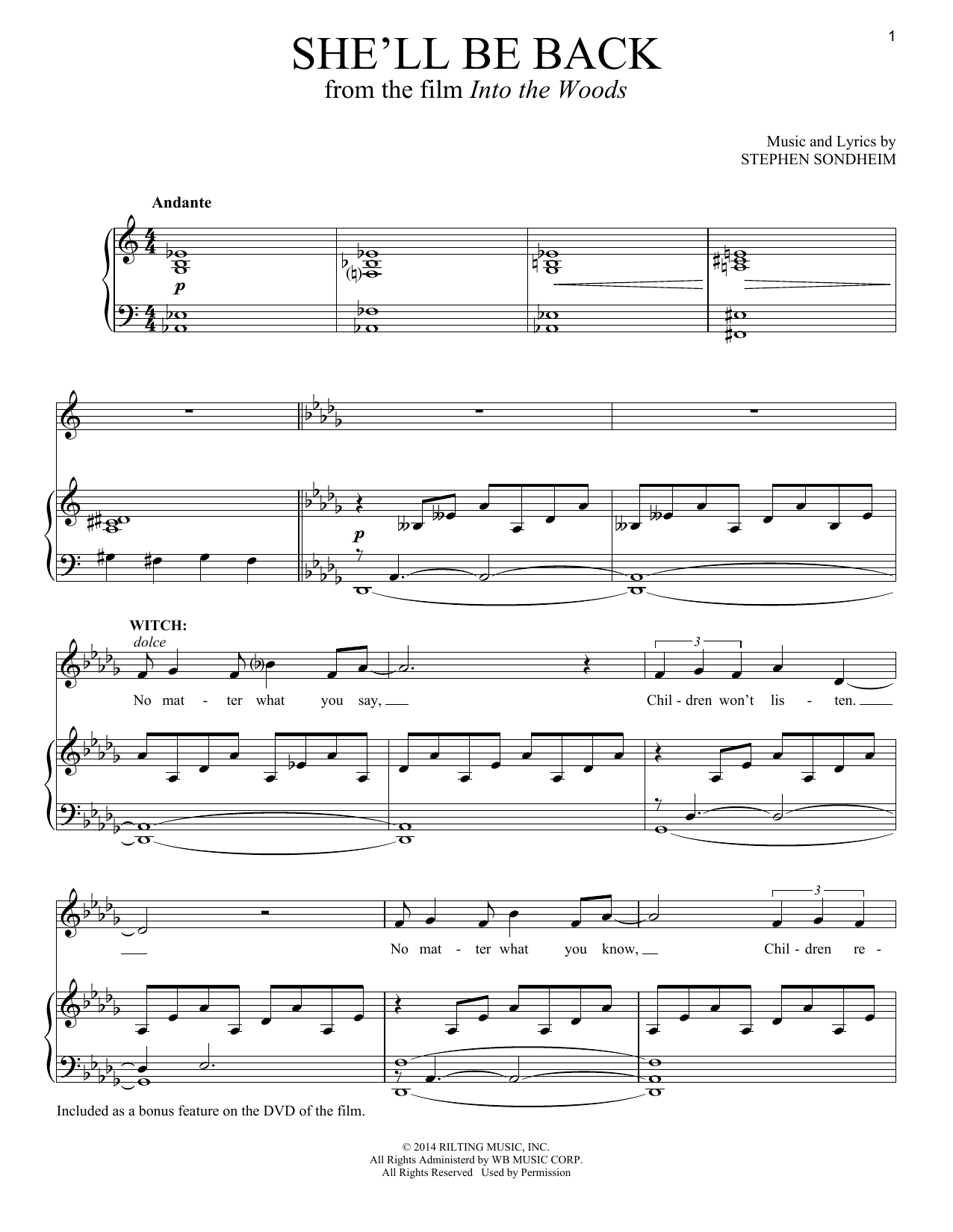 Stephen Sondheim She'll Be Back (from Into The Woods) Sheet Music Notes & Chords for Piano & Vocal - Download or Print PDF