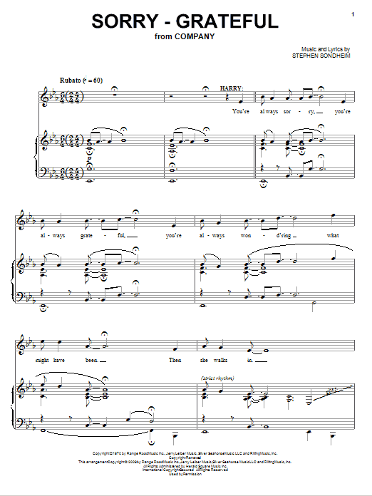 Stephen Sondheim Sorry - Grateful Sheet Music Notes & Chords for Piano & Vocal - Download or Print PDF