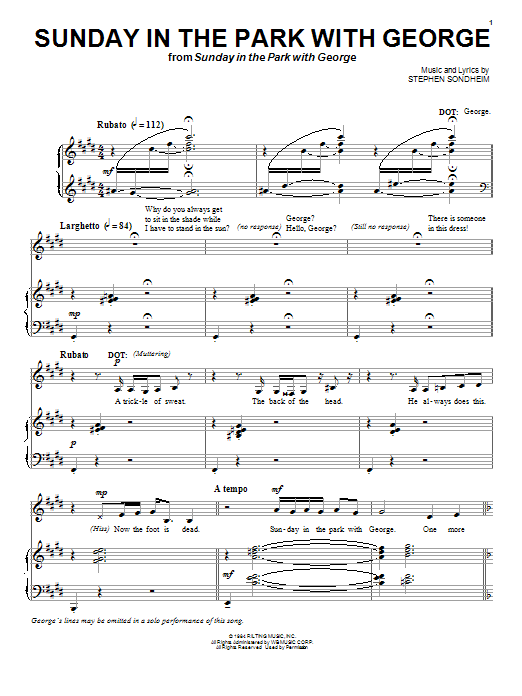 Stephen Sondheim Sunday In The Park With George Sheet Music Notes & Chords for Piano, Vocal & Guitar (Right-Hand Melody) - Download or Print PDF