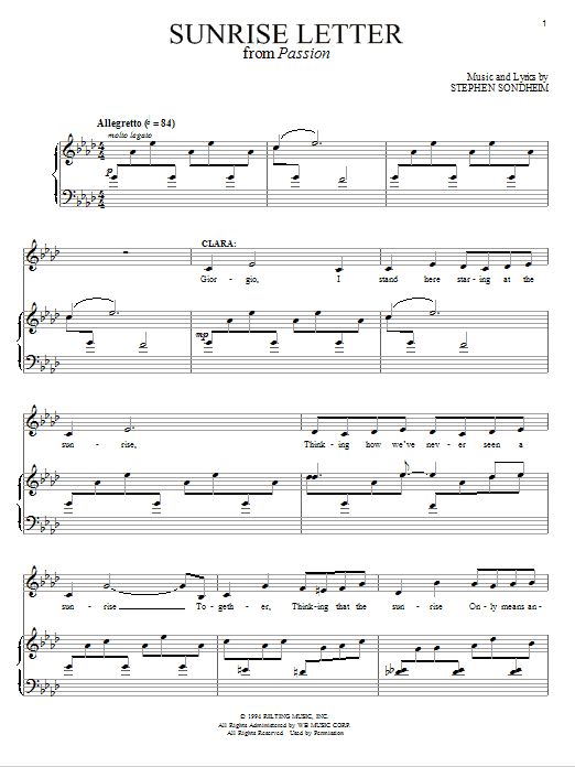 Stephen Sondheim Sunrise Letter Sheet Music Notes & Chords for Piano, Vocal & Guitar (Right-Hand Melody) - Download or Print PDF