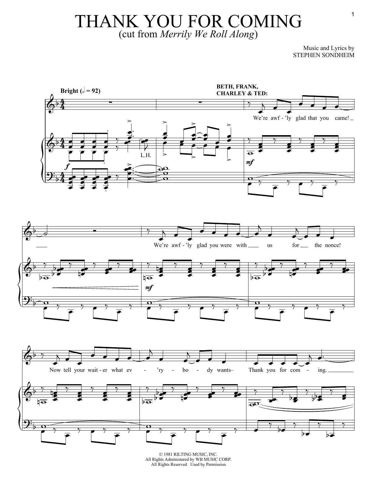 Stephen Sondheim Thank You For Coming Sheet Music Notes & Chords for Piano & Vocal - Download or Print PDF