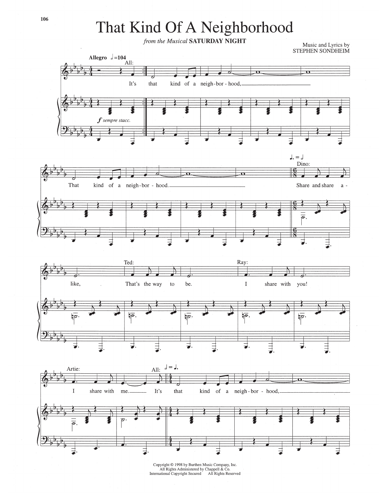 Stephen Sondheim That Kind Of A Neighborhood (from Saturday Night) Sheet Music Notes & Chords for Piano & Vocal - Download or Print PDF