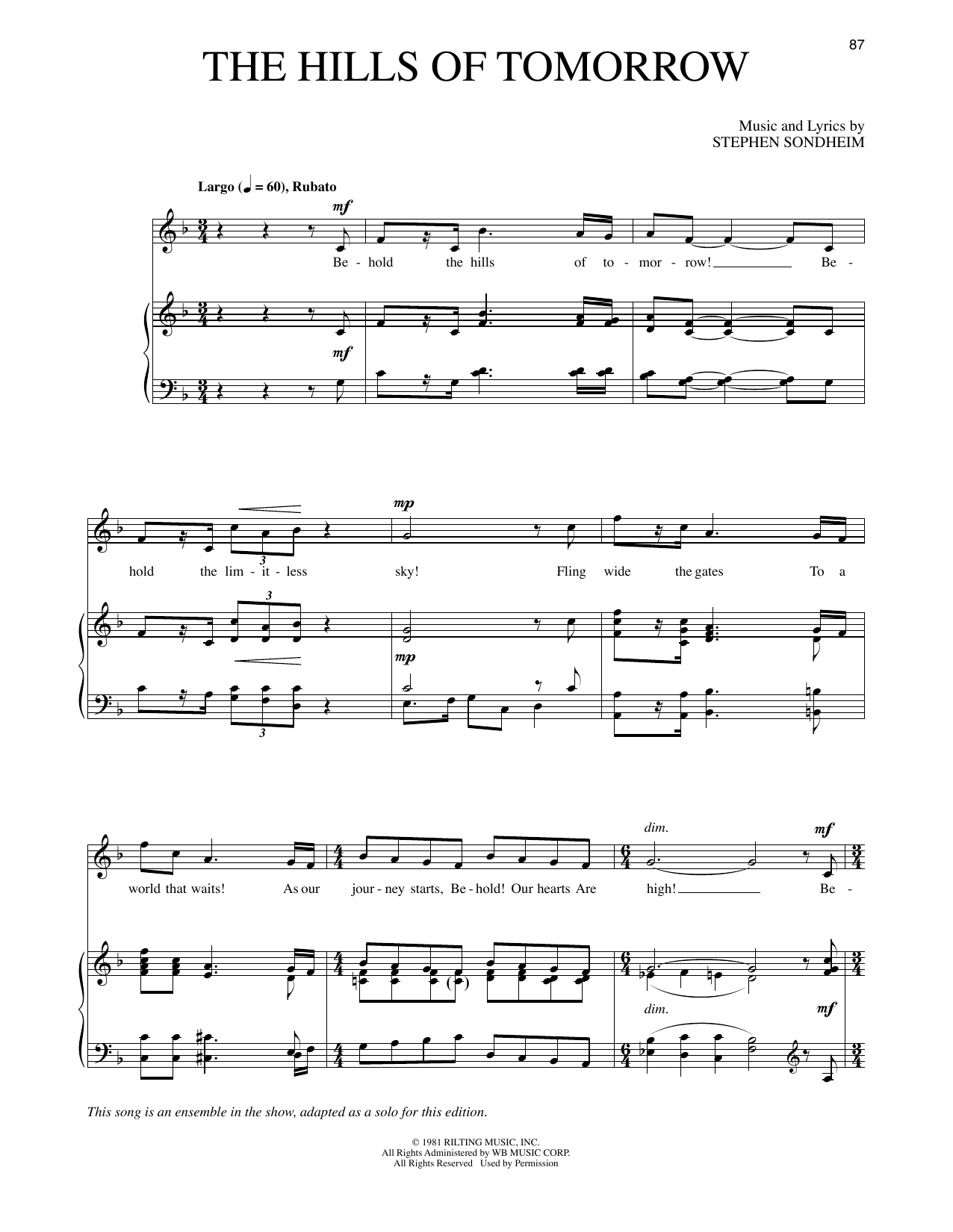 Stephen Sondheim The Hills Of Tomorrow (from Merrily We Roll Along) Sheet Music Notes & Chords for Piano & Vocal - Download or Print PDF