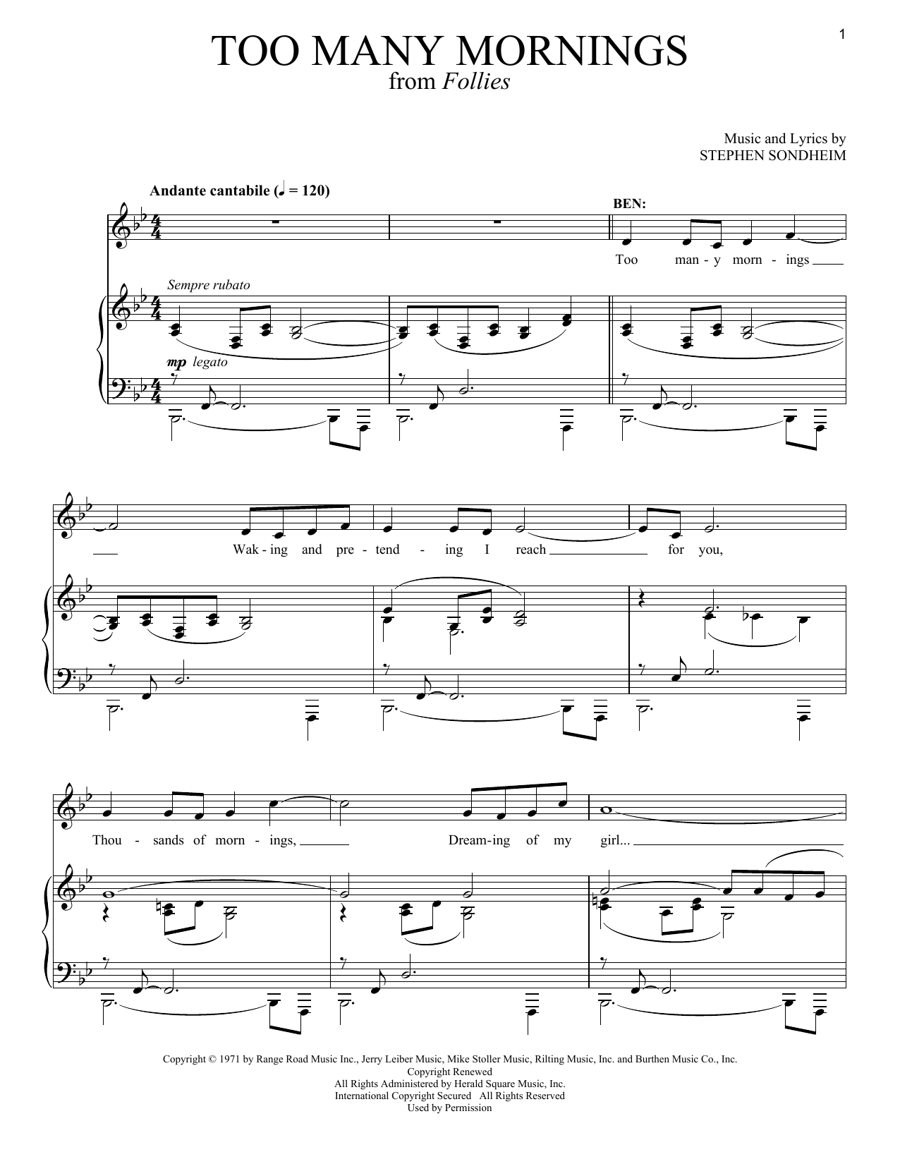 Stephen Sondheim Too Many Mornings Sheet Music Notes & Chords for Piano & Vocal - Download or Print PDF